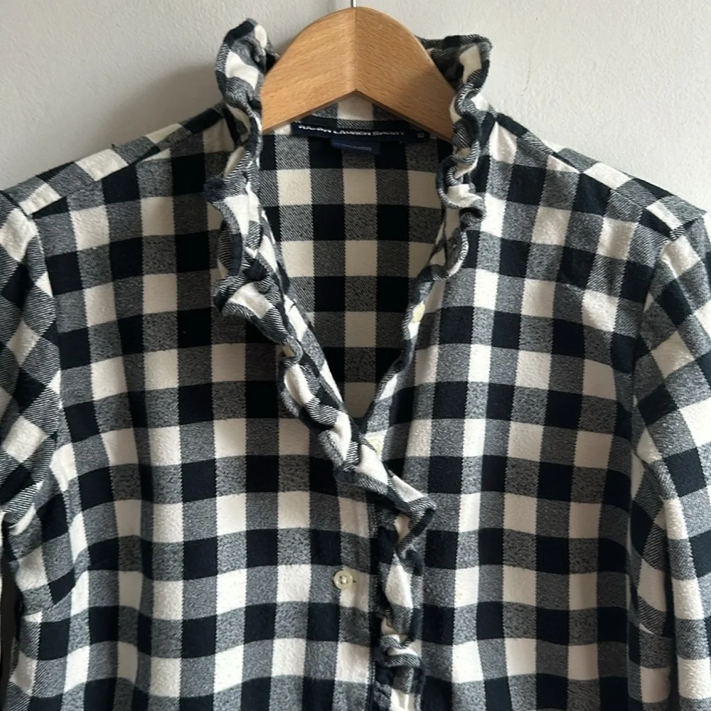 Ralph Lauren brush cotton flannel check shirt with ruffled trim women’s medium - Picture 4 of 9